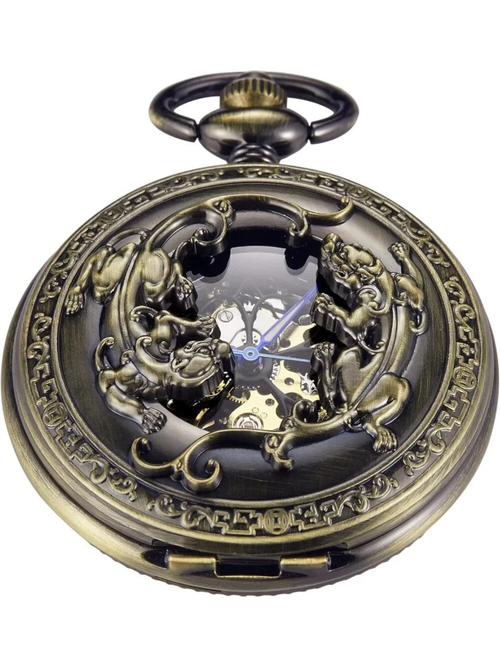 Men's Gold Bronze Wild Animals Skeleton Roman Numerals Mechanical Pocket Watch